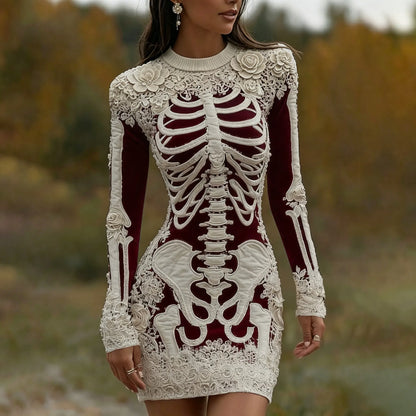 Women's Vintage Halloween Skeleton Bones With Rose Art Cozy Knit Mini Sweater Dress