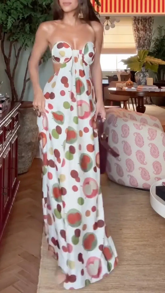 Strapless Cherry Print Maxi Dress