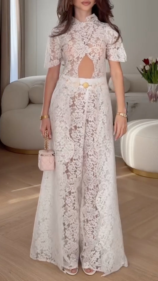 White Floral Lace High Neck Cutout Co-Ord Set