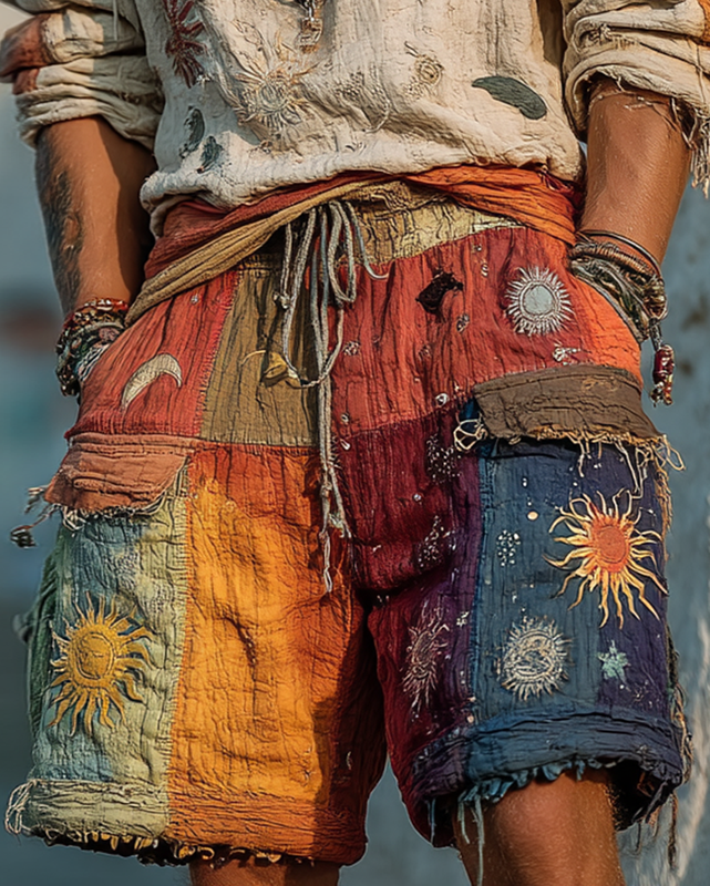 Men's Summer Vacation Star and Moon Embroidery Linen Shorts 9504