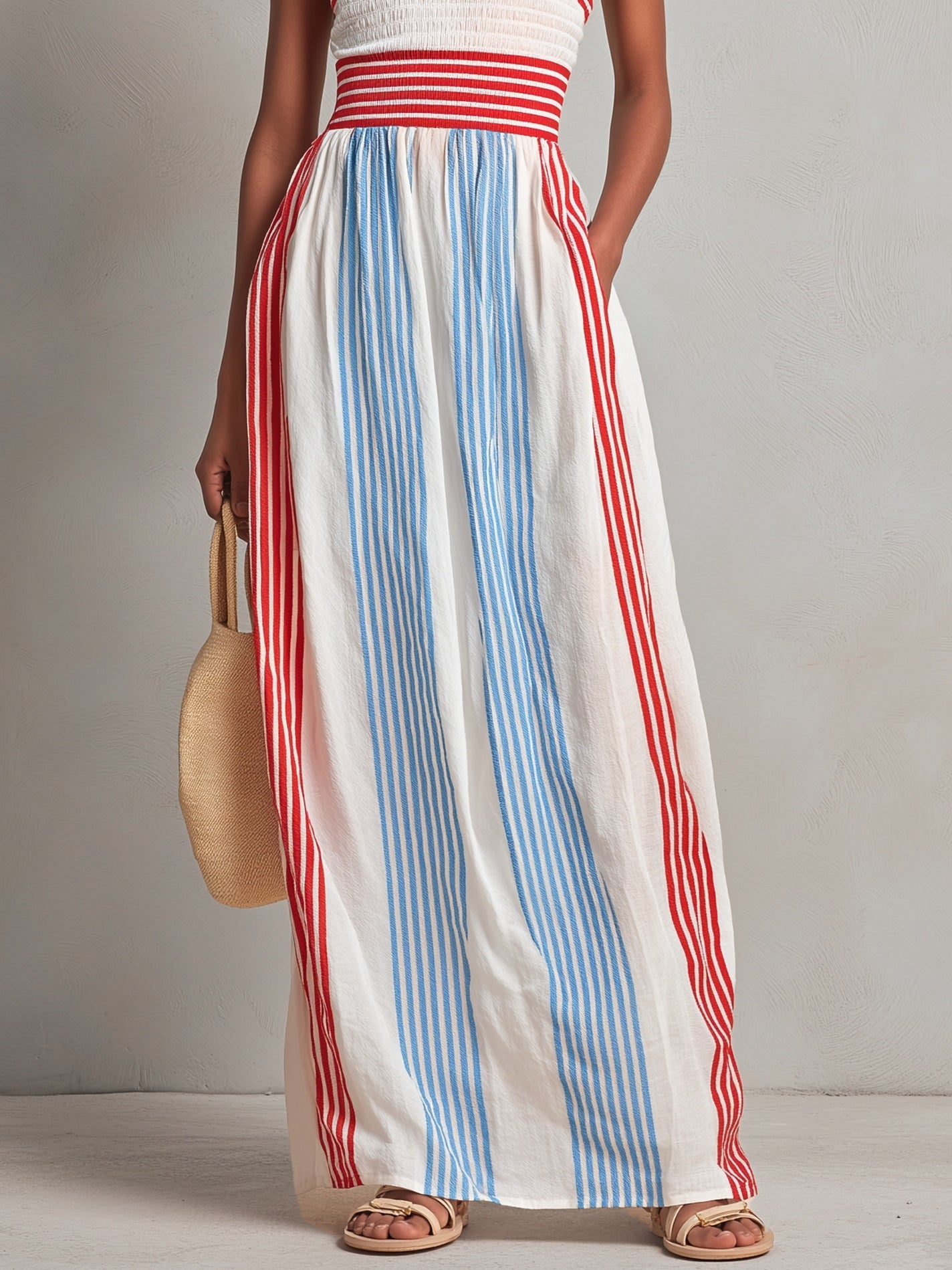 Red & Blue Striped Smocked Strapless Casual Maxi Dres