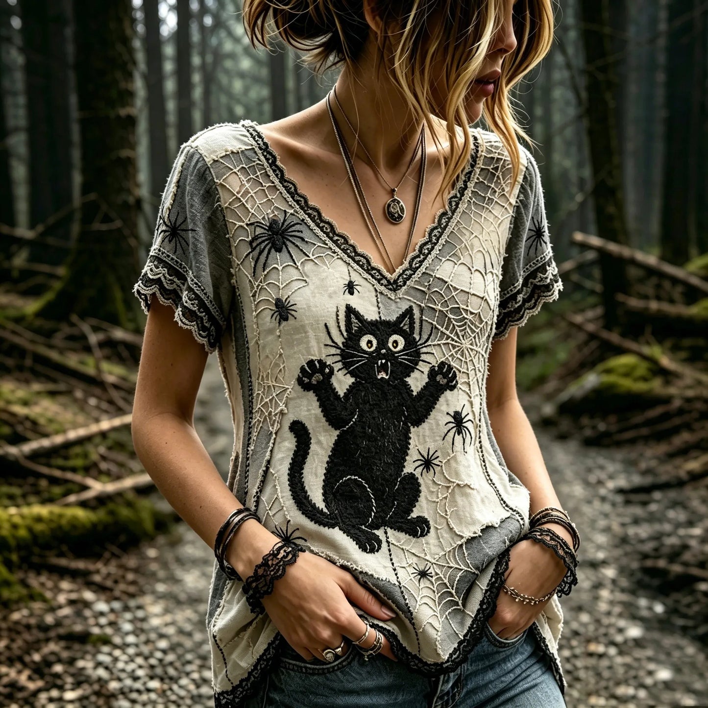 Women's Vintage Shock Spider Black Cat Patchwork Art Short Sleeve T-shirt