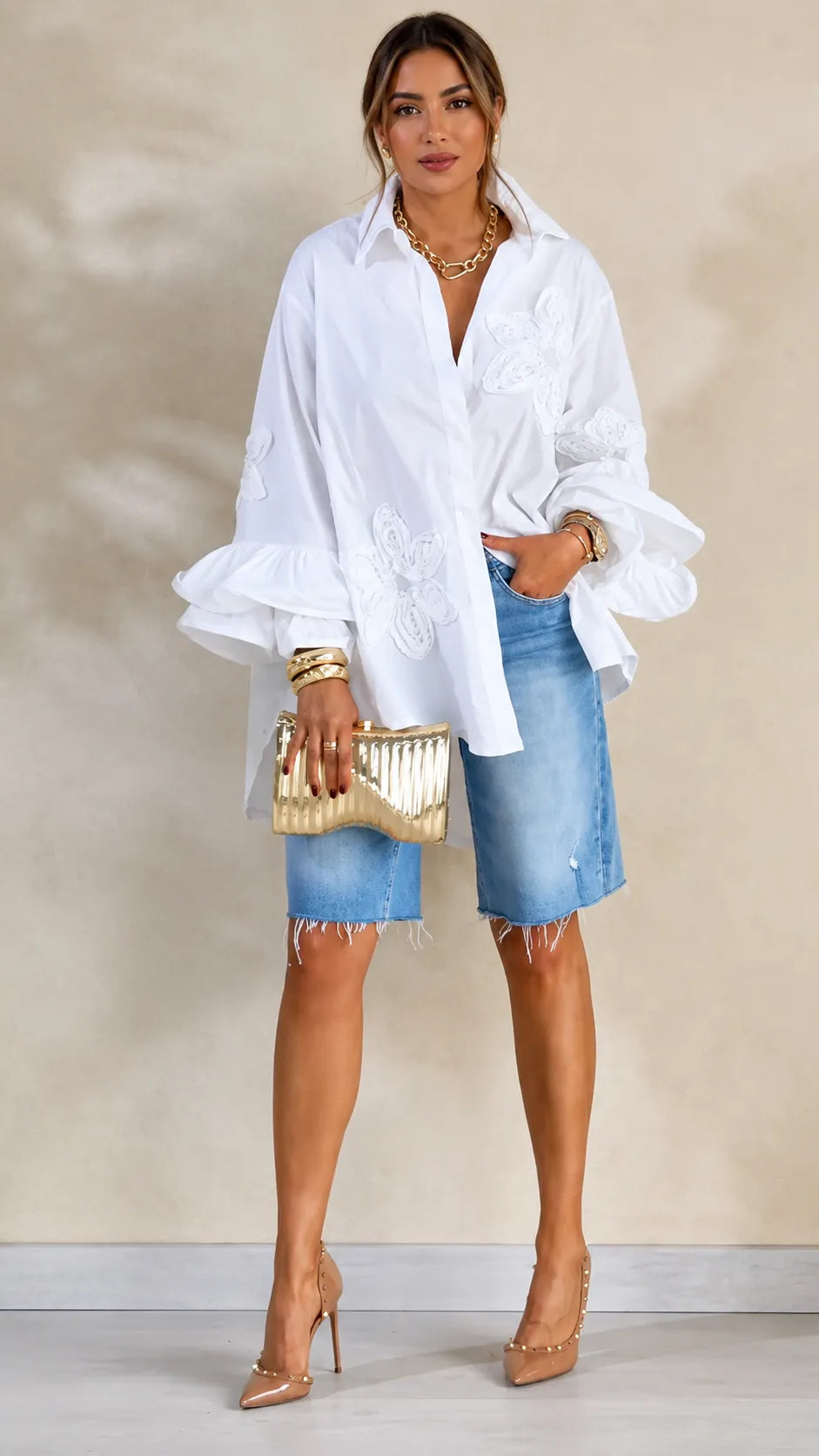 Oversized  Embroidery Ruffle Shirt & Raw‑Hem Denim Knee Shorts