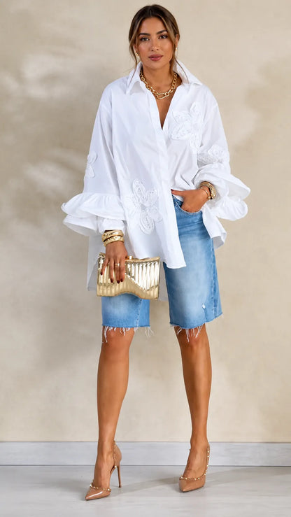 Oversized  Embroidery Ruffle Shirt & Raw‑Hem Denim Knee Shorts