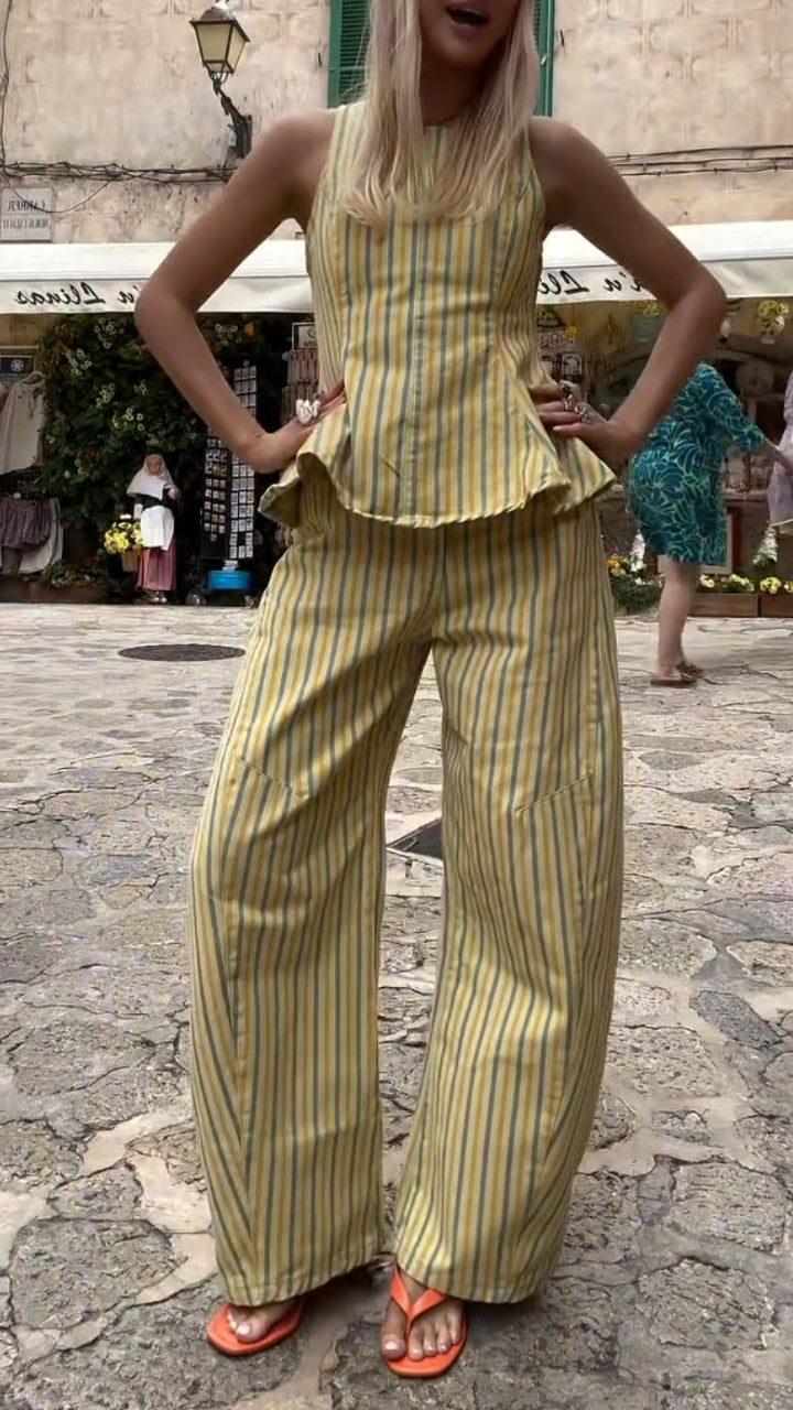 Stripe Peplum Top & Wide Leg Pants Co‑Ord
