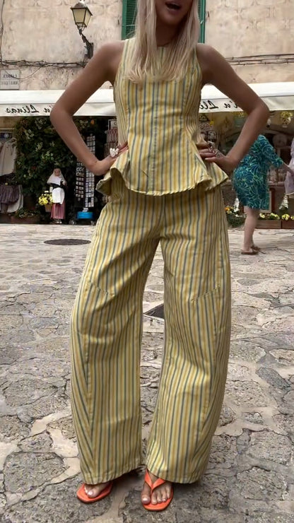 Stripe Peplum Top & Wide Leg Pants Co‑Ord