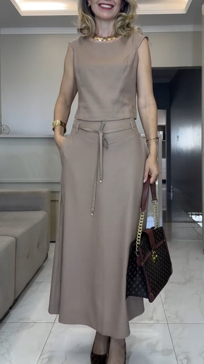 Beige Sleeveless Top & Midi Skirt Co-Ord Set