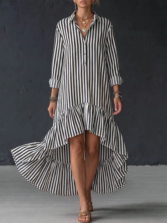 Women's Striped Print Cotton-linen Casual Loose Dress With Collar And Long Sleeves