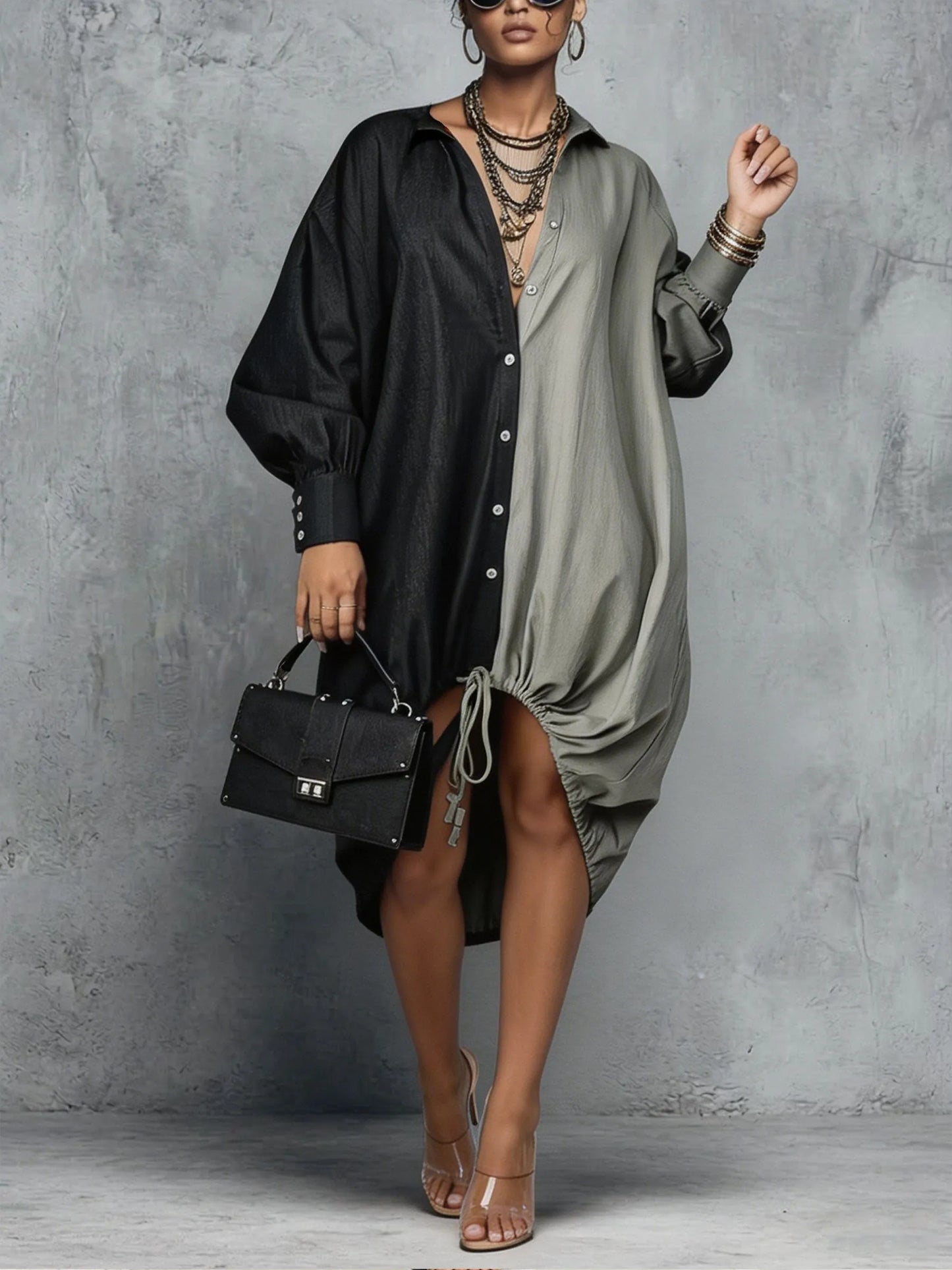 Women’s Two-Tone Color Block Drawstring Slit Oversized Shirt Midi Dress