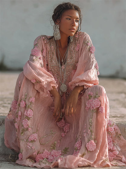 Boho Pink Flowers Glitter Lace Linen Maxi Dress