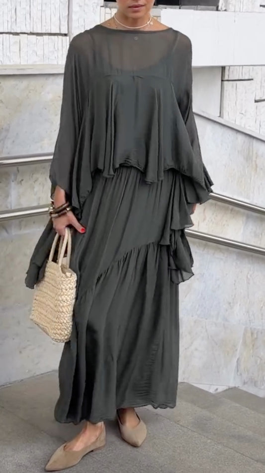 Sheer Ruffle Top & Pleated Maxi Skirt Co‑Ord Set