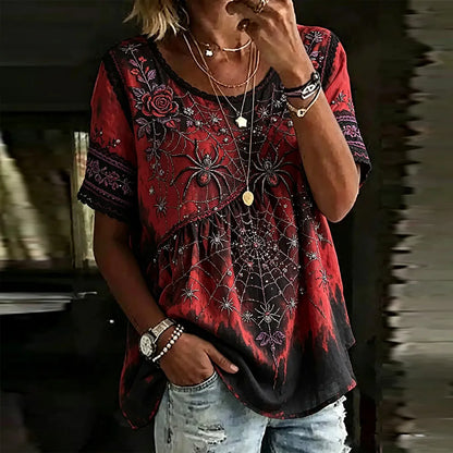 Women's Halloween Spider And Rose Art Lace Embroidery Gradient Cotton Linen Round Neck Short Sleeve Top