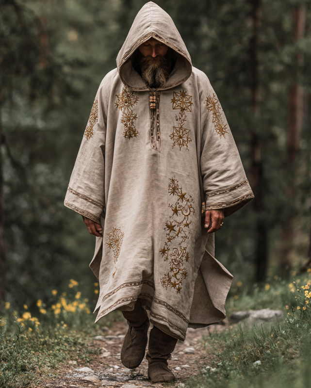 Men's summer vacation star and moon 3D embroidery casual linen hooded kaftan 80a8