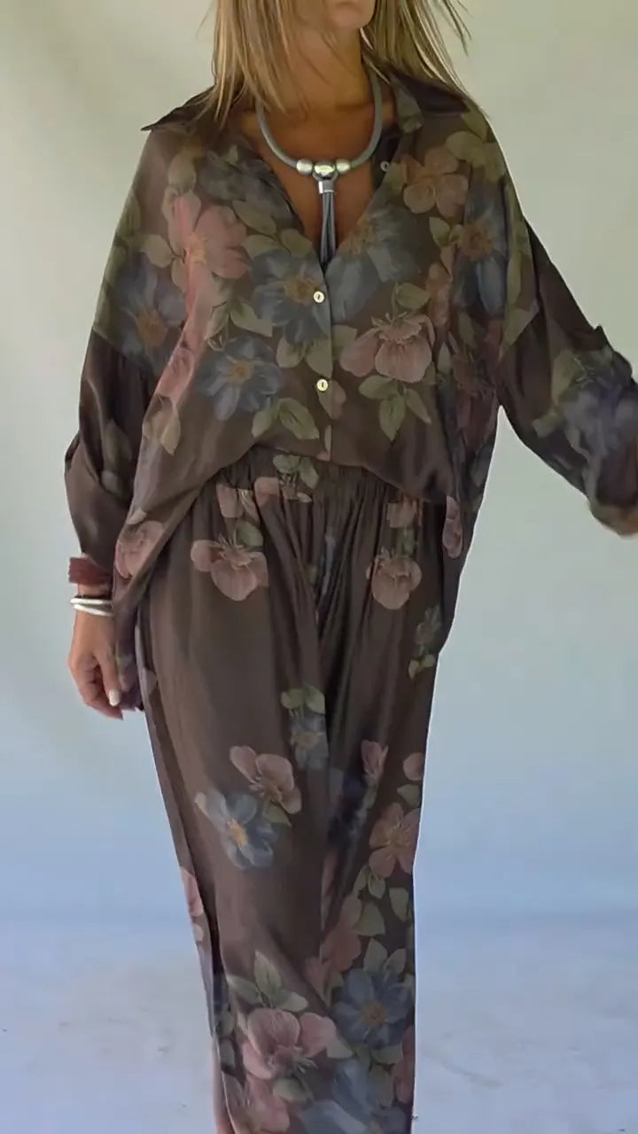 Brown Floral Print Oversized Shirt & Wide Leg Pants Set