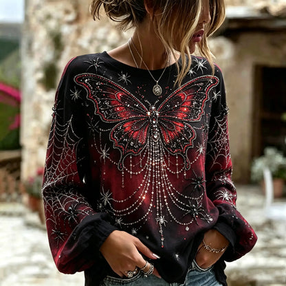 Women's Retro Halloween Butterfly And Spider Pattern Long-sleeved Top