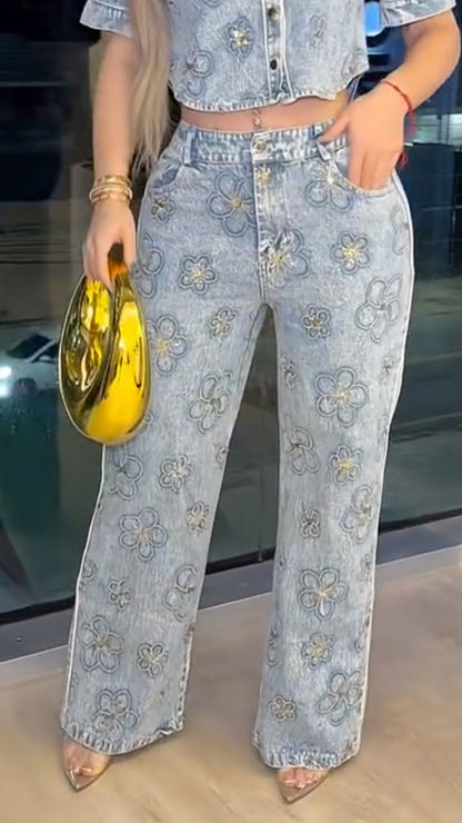 Light Wash Gold Floral Embroidered Denim 2 Piece Set