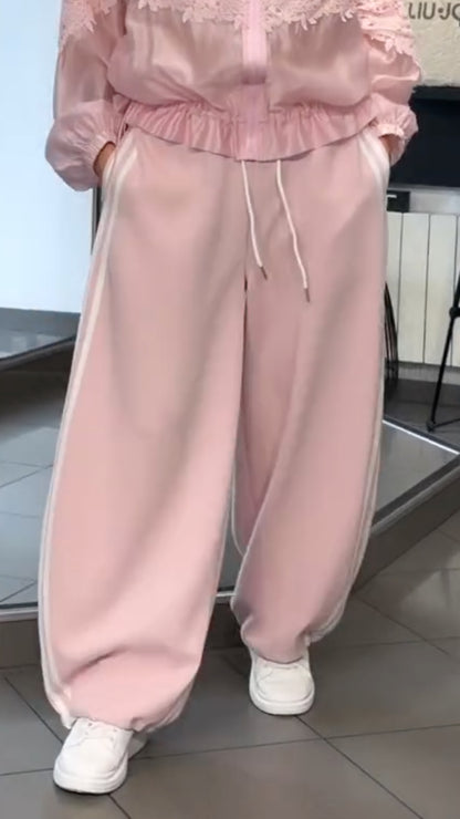Pink Sheer Lace Trim Two-Piece Tracksuit