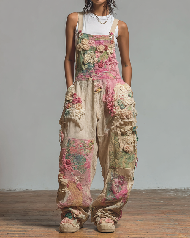 Summer Vacation Floral Embroidery Contrast Color Panel Linen Overalls 0808