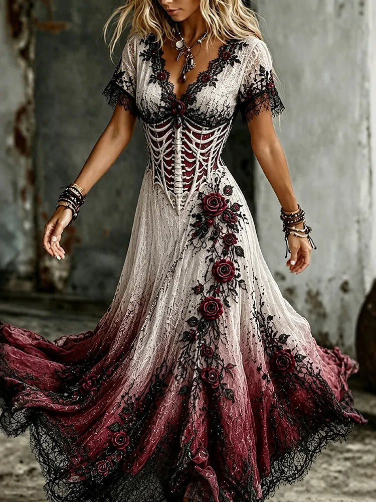 Women's Halloween Gothic Rose And Human Skeleton Art V-neck Short Sleeve Maxi Dress