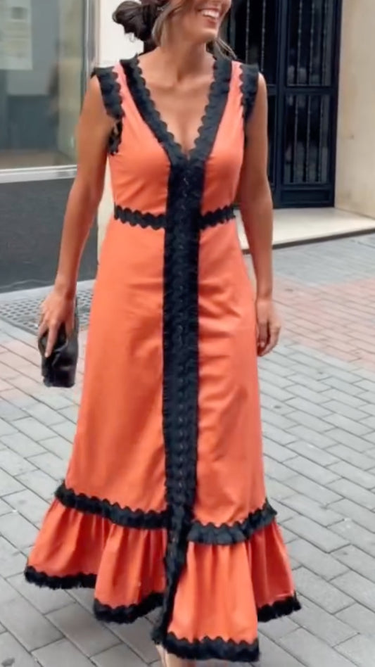 Orange & Black Lace Trim Maxi Dress