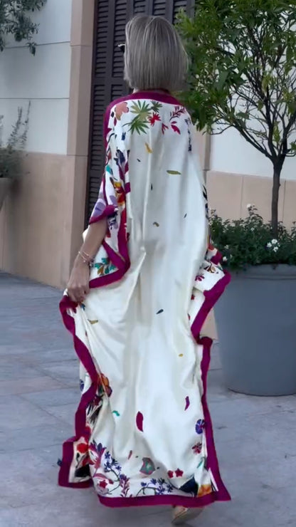Floral Print Satin Kaftan Maxi Dress