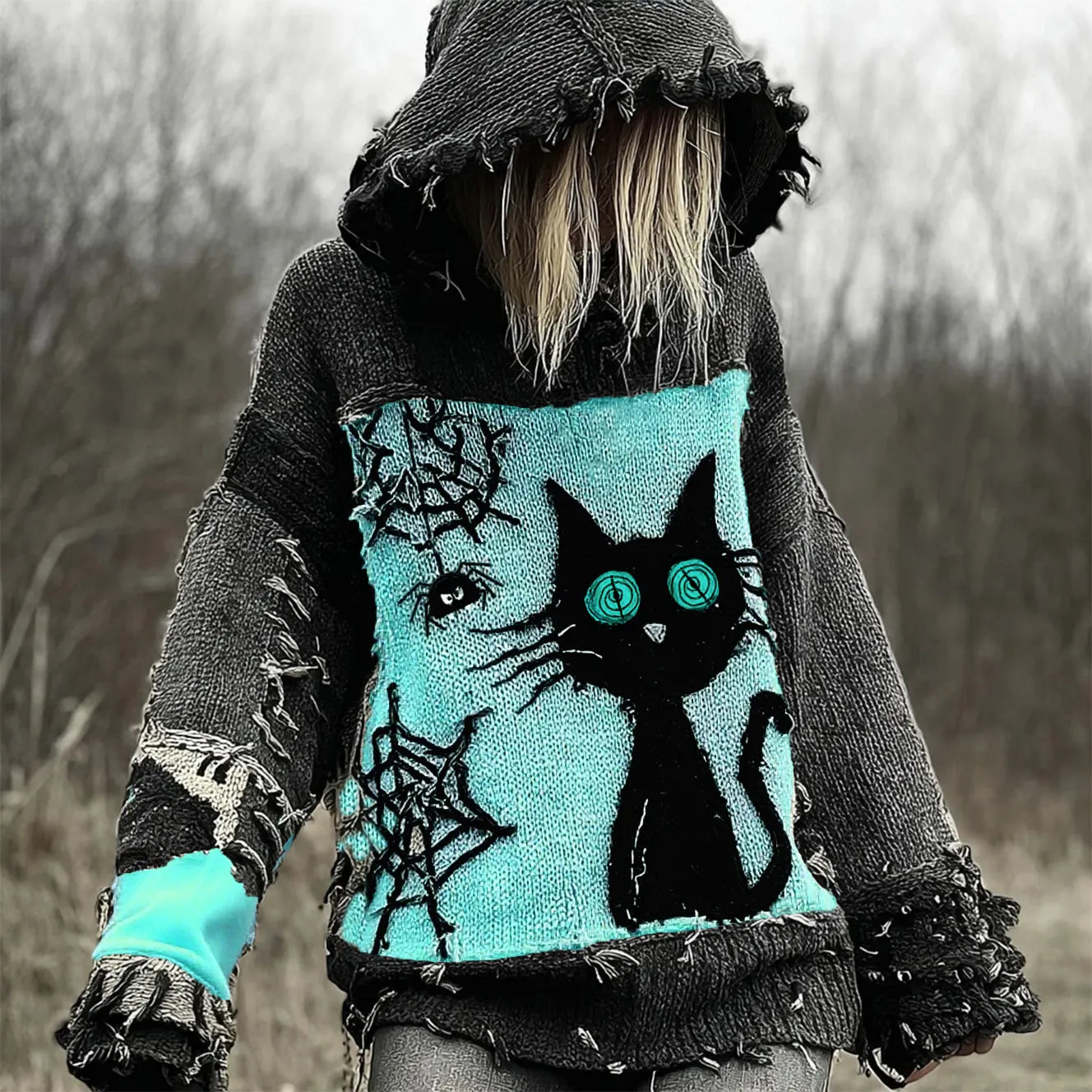 Halloween Scared Black Cat Patchwork Stitched Cozy Knit Hooded