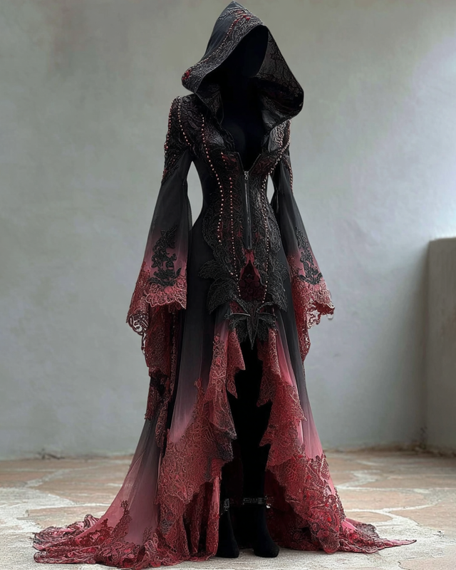 Halloween themed gradient lace patchwork ruffled hooded dress fa3c