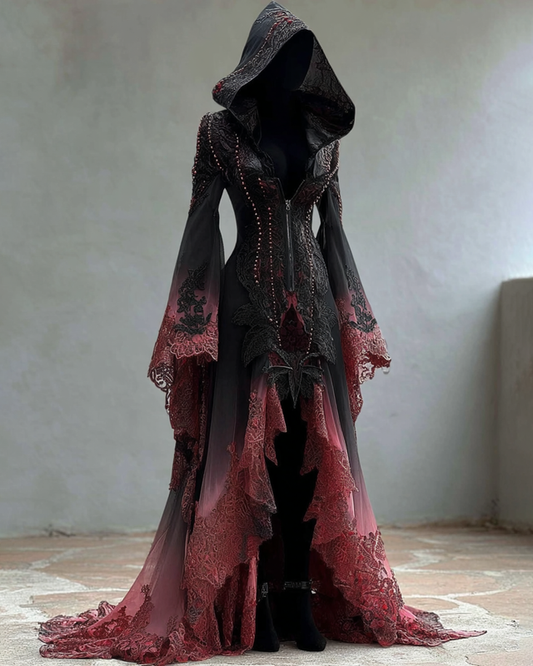 Halloween themed gradient lace patchwork ruffled hooded dress fa3c