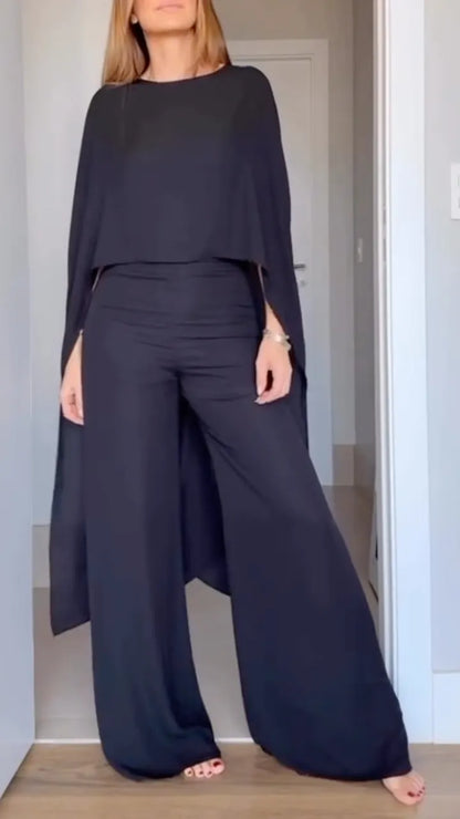Black Cape Sleeve Draped Top Wide Leg Pants Set