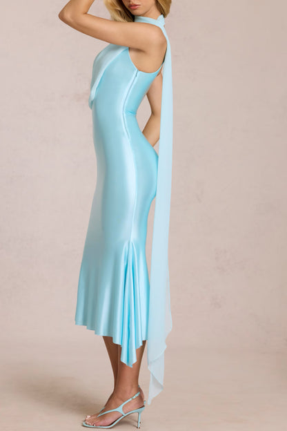 Halter Neck Draped Ruffle Midi Bodycon Evening Party Satin Dress
