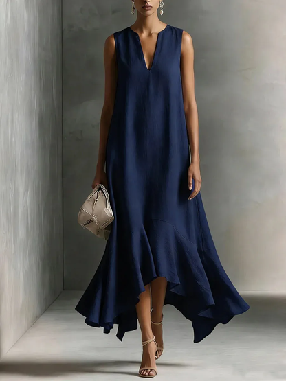 Green Faux Cotton-linen V-neck Sleeveless Maxi Dress
