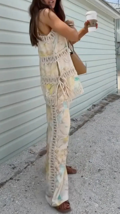 Women's Watercolor Floral Lace Patchwork Cami Top & Wide Leg Pants Set