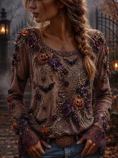 Women's Halloween Spooky Bats, Pumpkins & Lace Long-sleeve Blouse