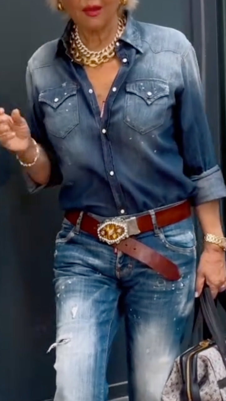 Dark Blue Denim Shirt & Light Wash Jeans Outfit