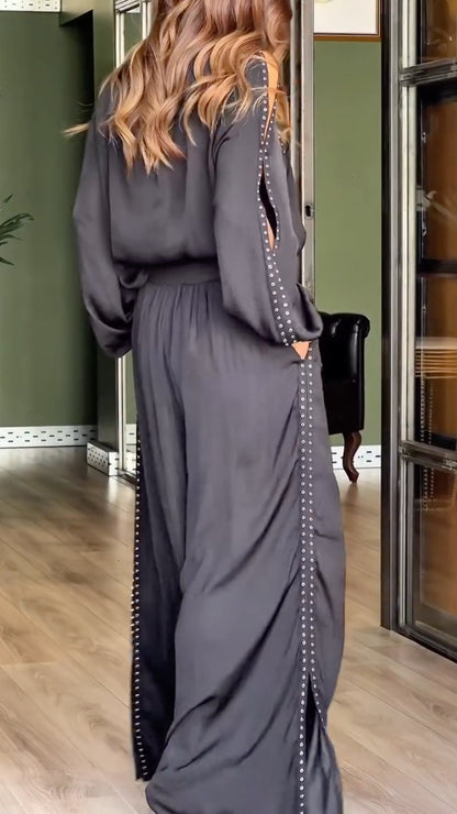 Studded Cold Shoulder Top Wide Leg Pants Set