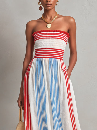 Red & Blue Striped Smocked Strapless Casual Maxi Dres