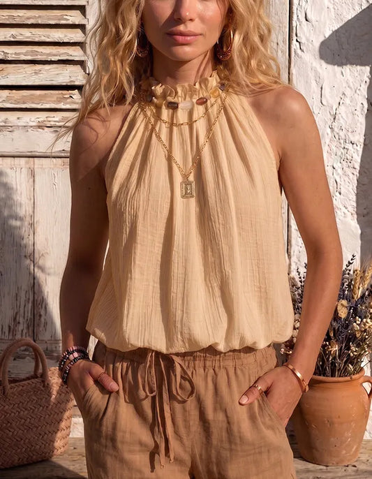 Women's Fashionable And Versatile Beaded Bubble Halter Neck Top