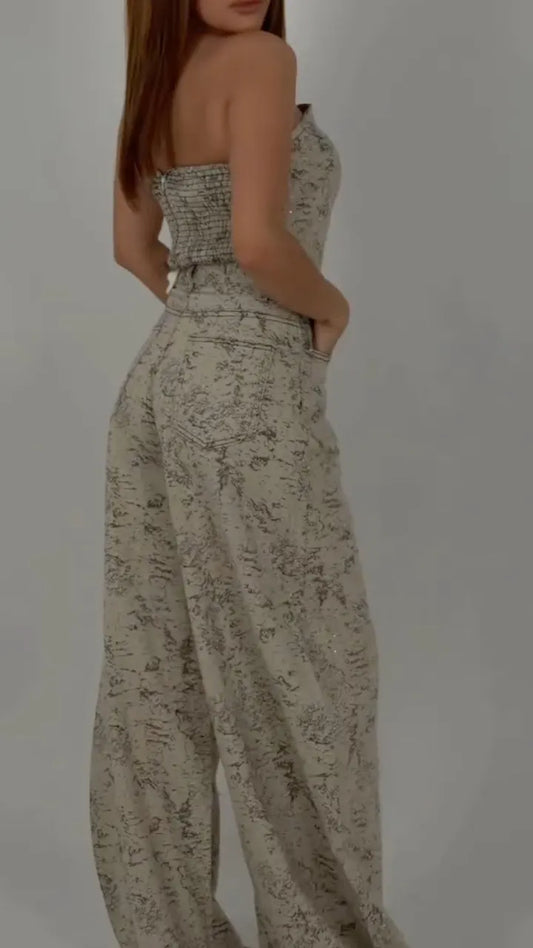 Vintage Sparkle Printed Denim Strapless Two Piece Set