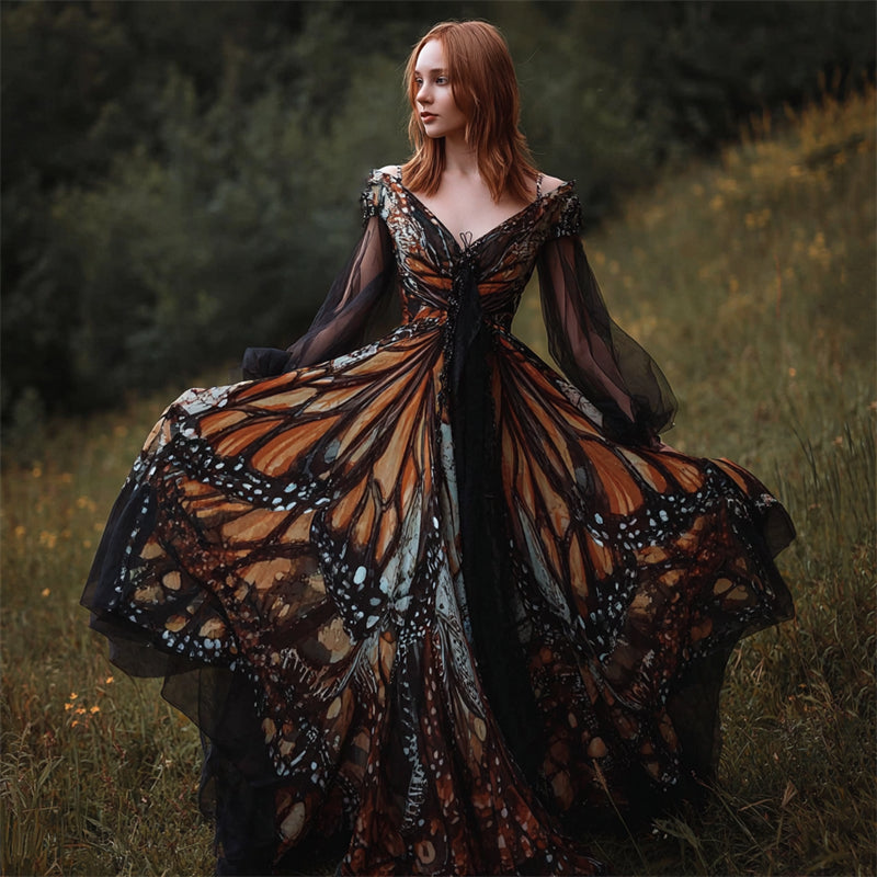 Vintage Butterfly Inspired Wide Skirted Flowy Maxi Dress
