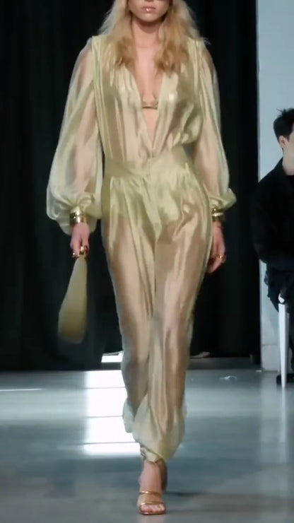Gold Long Sleeve V-Neck Wide Leg Pants Set
