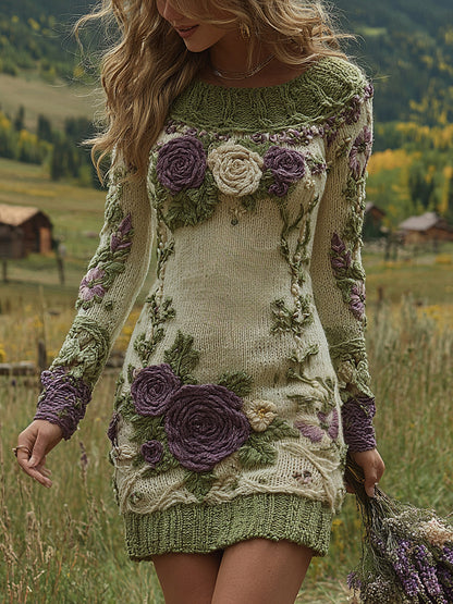 Classy Gradient Purple Lavender And Floral Art Cozy Knit Mini Sweater Dress