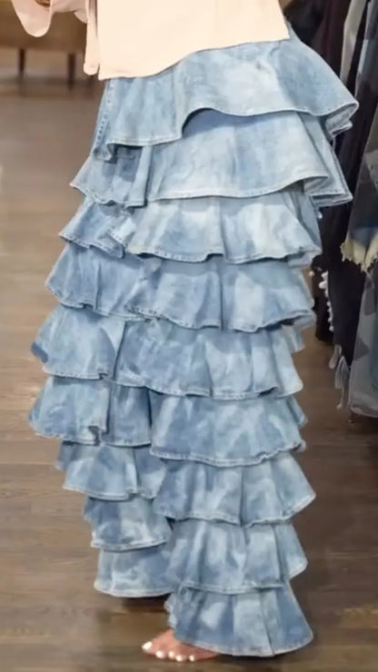 Light Blue Tiered Ruffle Denim Wide Leg Pants