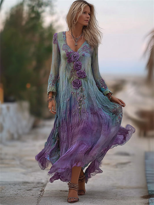 Boho Purple Roses Gradient Flowy Maxi Dress