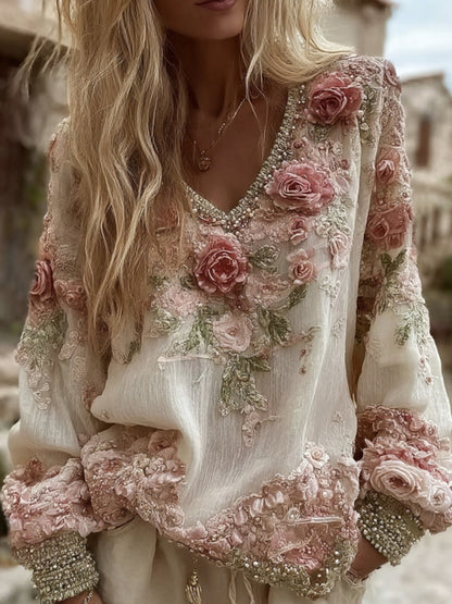 Women's Vintage Roses Embroidery Art V-neck Linen Blend T-shirt