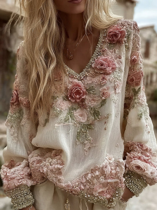Women's Vintage Roses Embroidery Art V-neck Linen Blend T-shirt