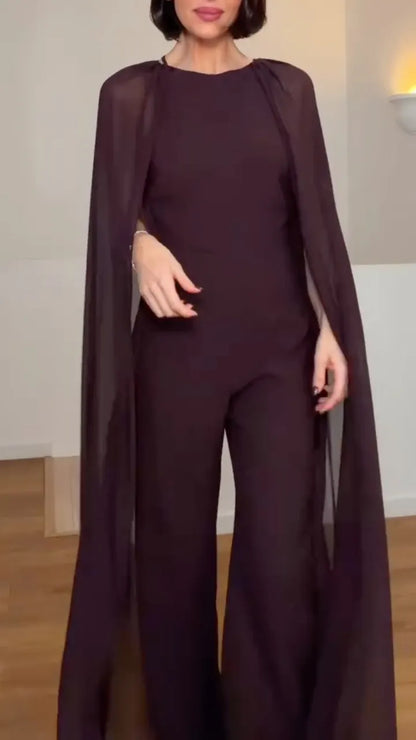 Chiffon Cape Sleeve Flared Leg Formal Jumpsuit