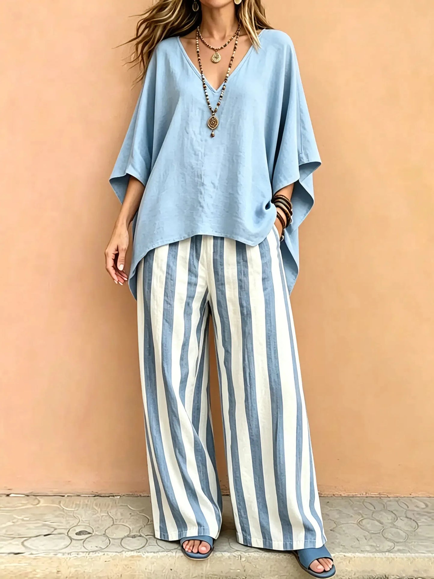 Women's Solid Loose V-Neck Top & Blue White Stripe Wide Leg Pants Set