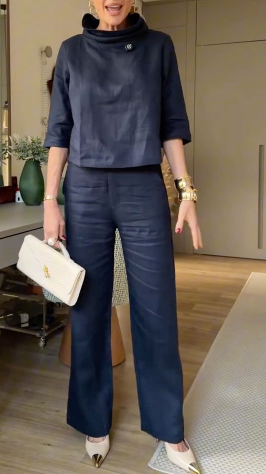 Navy Blue Linen Cowl Neck Top & Wide Leg Pants Co-Ord Set