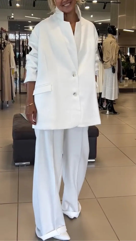 Oversized White Blazer Wide Leg Trousers Suit Set