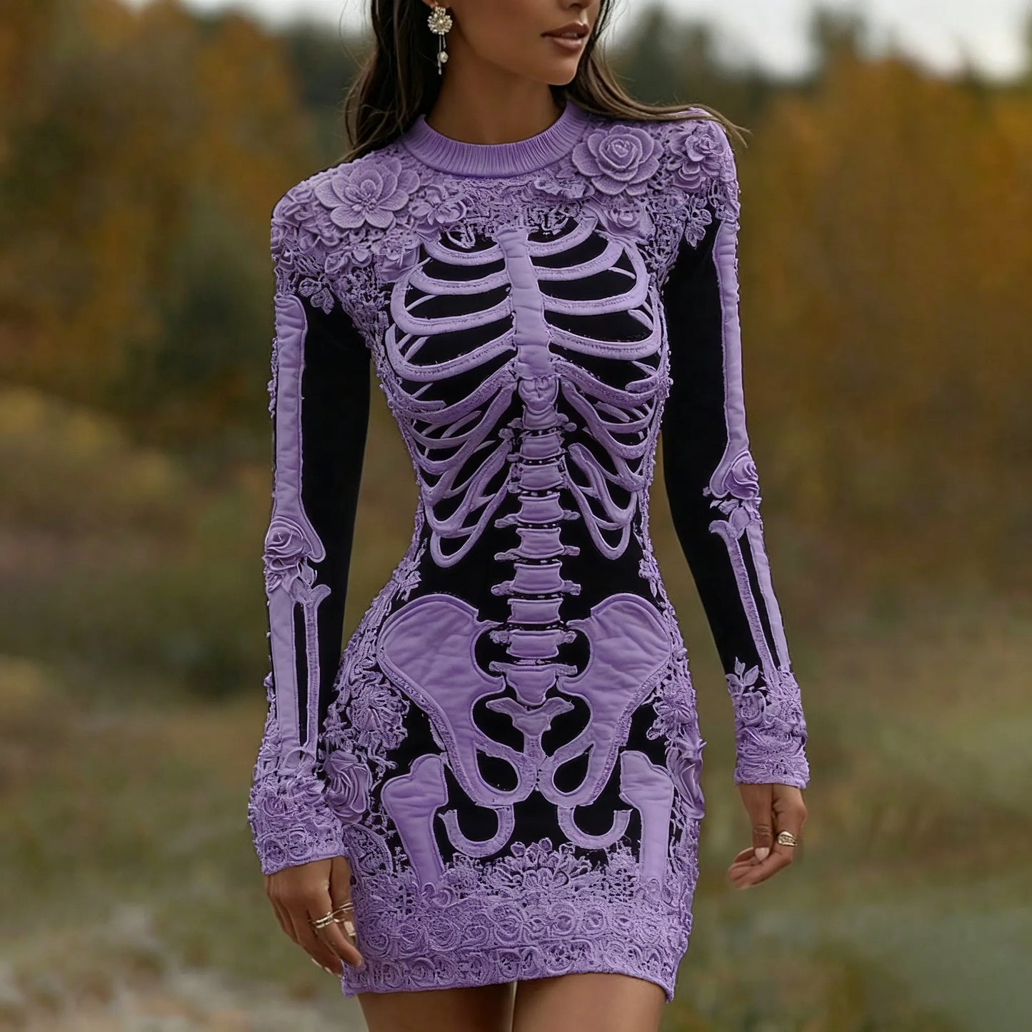 Women's Vintage Halloween Skeleton Bones With Rose Art Cozy Knit Mini Sweater Dress